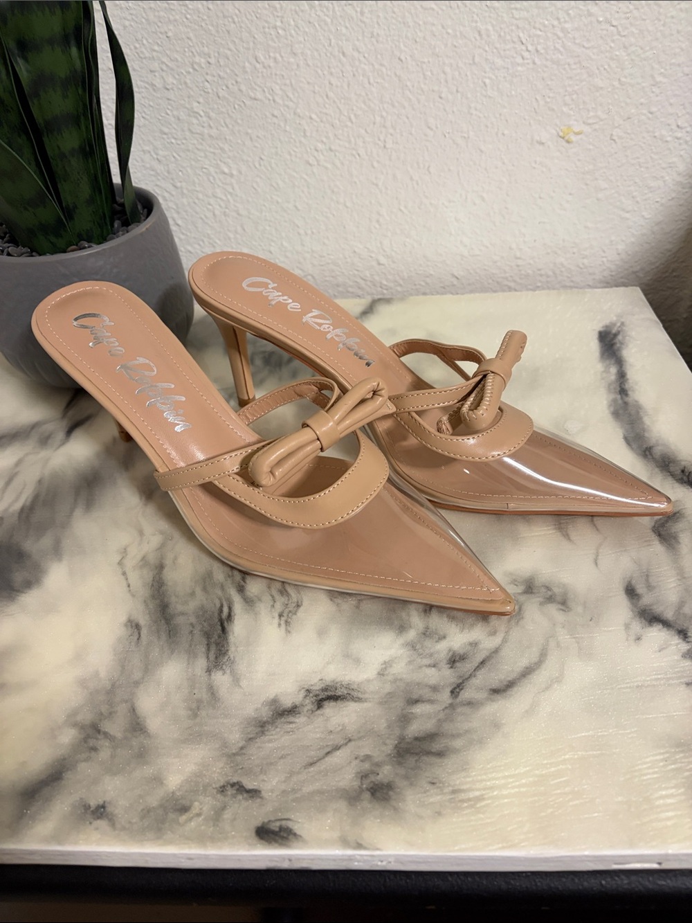 Cape Robbin Nude Pointed-Knot Mule Heels